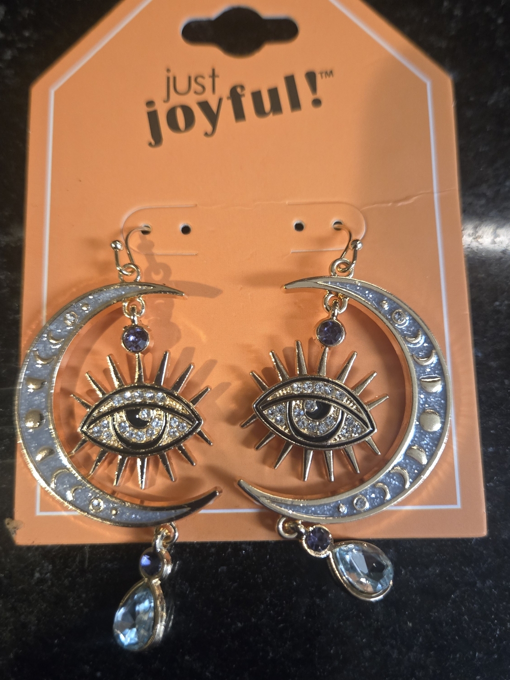 Gold-Tone Crescent Moon & Eye Dangle Earrings with Blue Stones